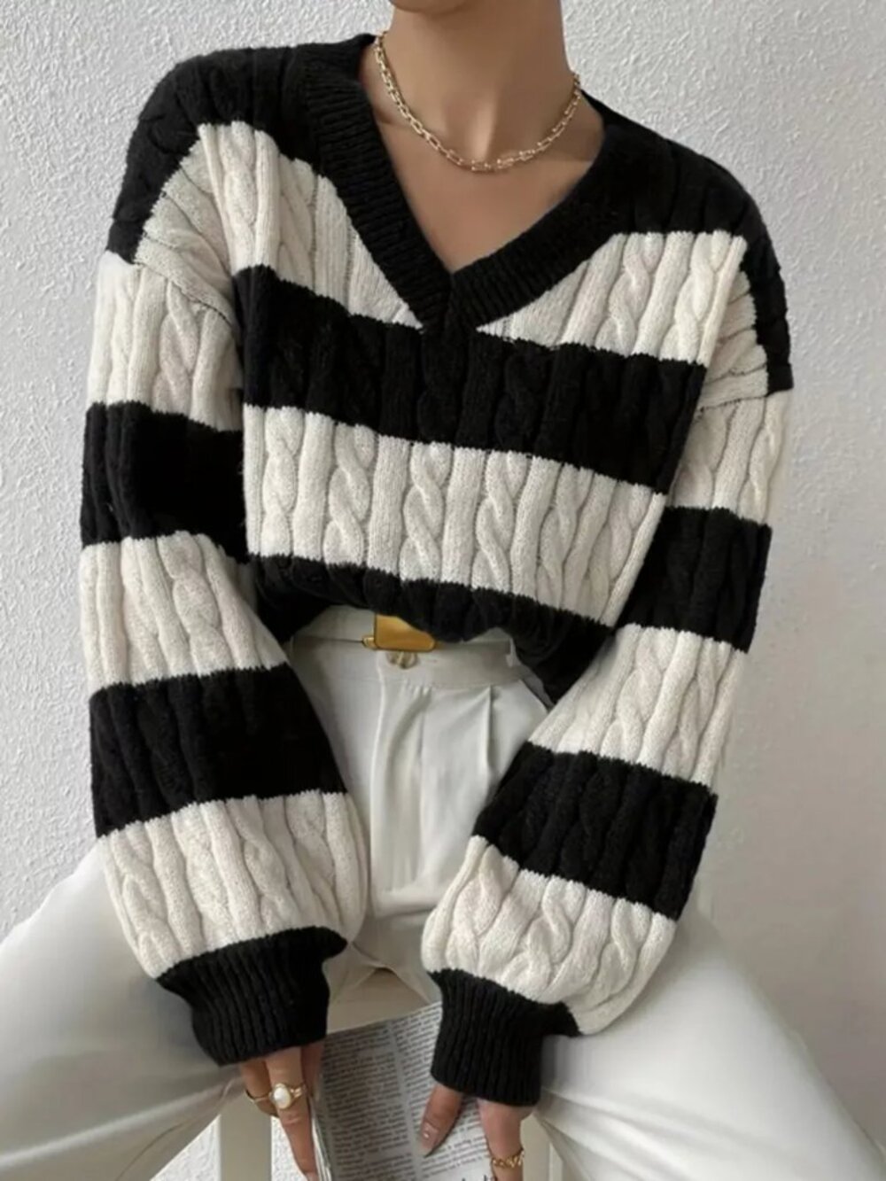 V-Neck Striped Cable Knit Sweater